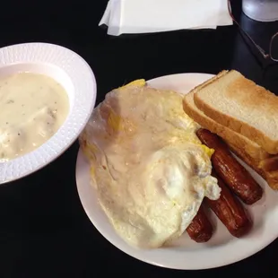 links and eggs.  with rice and gravy. hard to go wrong with anything here!
