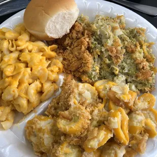 3 vegetable plate on a Sunday. Shells and cheese, broccoli casserole, and squash casserole. $4.99