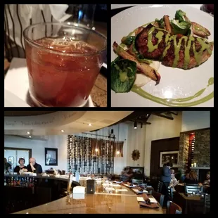 Fabulous grapefruit bitters Old Fashioned; wonderful fish special; the Catablu bar and fireplace