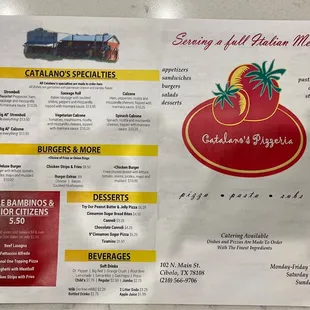 The menu with times and location