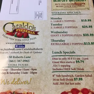 Front of to-go menu with coupons
