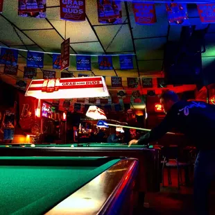 a man playing pool in a bar