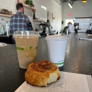 Hot vanilla lavender latte, iced brown butter toffee latte, and a maple bourbon pastry. All yummy!