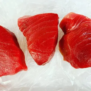 Hand cut daily! Our fresh Ahi Tuna steaks are ready for your kitchen!