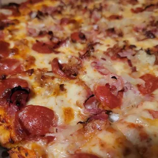 a closeup of a pizza