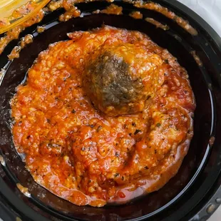 One meatball with sauce &amp; cheese deliciousness! So good!