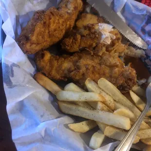 Hand breaded chicken fingers and fries. Delicious!