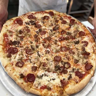 a person holding a pizza on a pan