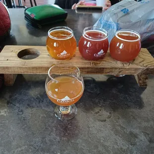 Peanut Butter Jelly Time flight - original, Strawberry Rhubarb, Marionberry and Carolina Jam.