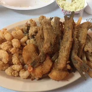 Seafood platter with salt and pepper baby catfish. Delicious!