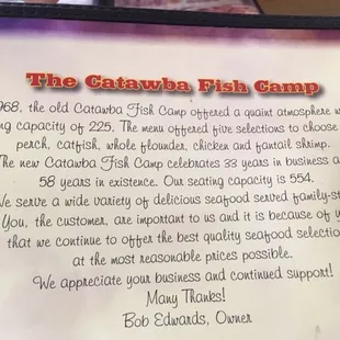 History of Catawba Fish Camp on back of menu.