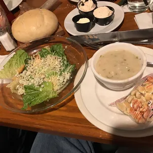 Potato Leek soup and Caesar w/bleu cheese crumbles!!  # Deeeeelish