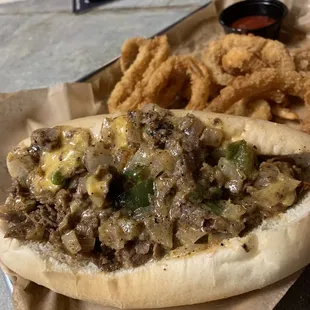 Philly Cheesesteak and onion rings