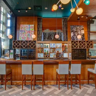 a view of a bar with a checkered floor