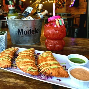 Shrimp and cheese empanadas with a hello kitty michelada