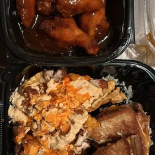 Turkey melt, Buffalo chicken fries, and sweet chili chicken wings.