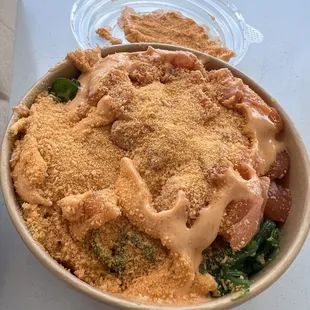 Poke Bowl with Salmon, Tuna, Spicy Mayo, Tempura Crunch, Seaweed