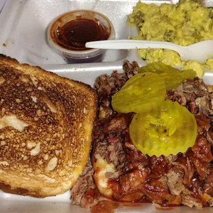 Chopped Brisket sandwich with potato salad!  So tender and flavorful!