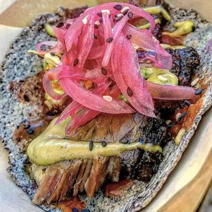 2019 Taco Truck ThrowDown 1st place winning taco. Char Siu Brisket on a homemade blue corn tortilla