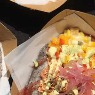 2019 Texas Tequila Taco Festival 1st place- Combination Taco - Smoked Cream Corn &amp; Roasted Tomato Chicken on a homemade blue corn tortilla