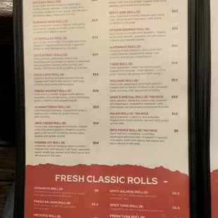 a menu for fresh specialty rolls