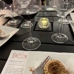 a table with wine glasses and food