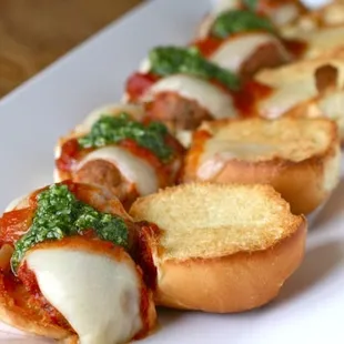 Meatball Sliders with San Marzano Tomato Sauce, Pesto and Fresh Mozzarella