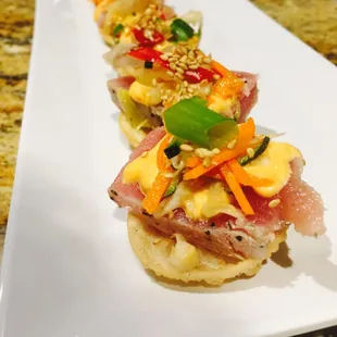 Seared Ahi Tostadas, Pickled Vegetables, Fresno Sauce....YUM