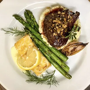 Surf and turf, plated, dinners with steak and halibut