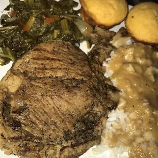 Porterhouse, greens, rice &amp; gravy