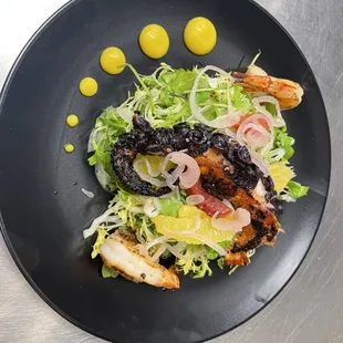 Charred Octopus Salad with Grilled Shrimp and Orange Gel