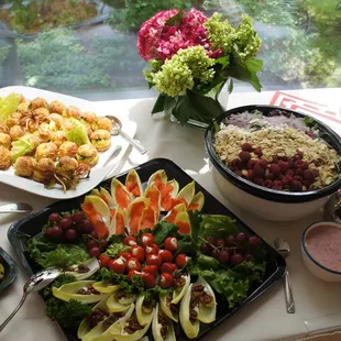 Curried chicken &amp; gougeres tray, Belgian endive tray, Gourmet raspberry almond salad, all beautiful and delicious!