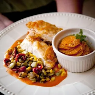 NC Pan sauteed catfish with Sweet Potato Gratin and Butterbean Succotash