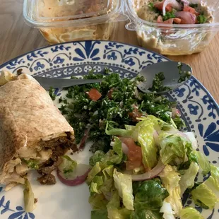 Tabbouleh Salad, Babaghanouj, Hummus Kefta Beef Kabab wrap