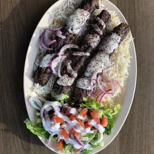 This is the best kefta kabob platter with rice I've ever had in the Midwest. It's a must to try!