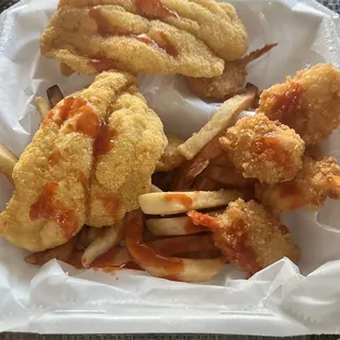 This is my take home plate with my added hot sauce.