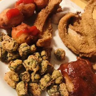 Fried Catfish, fried okra, hush puppies and bbq chicken