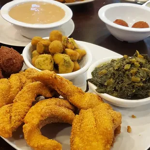 catfish filets, turnip greens, fried okra, white beans.