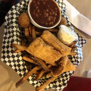 Catfish basket with fries and baked beans