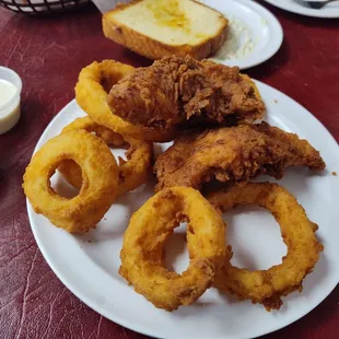 Two piece fried fish and onion rings. Highly recommend.
