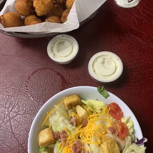 hush puppies and side garden salad with homemade ranch dressing
