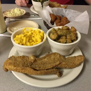 Catfish and hush puppies were pretty good, Mac and cheese and fried okra not so much.