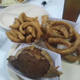 Sides: hush puppies, deviled crab, and onion rings. (Reasonably priced)