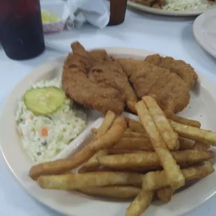 Kids meal, "small portioned." Chicken tenders, flies, and Cole slaw.
