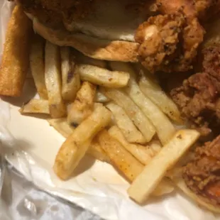 Soggy fish and shrimp with undercooked fries