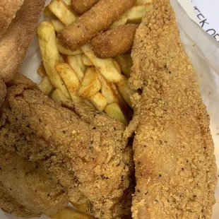 2 Catfish Fillets, Hush Puppies, bread, &amp; seasoned fries
