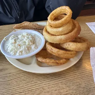 Cole slaw and onion rings!