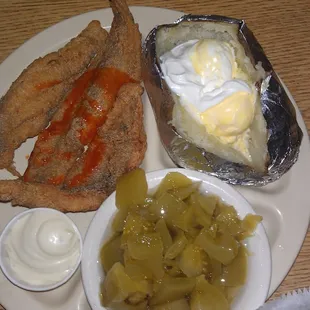 Catfish, baked potatoe, pickled tomato