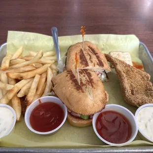 Oysters PoorBoy with a catfish fillet on the side