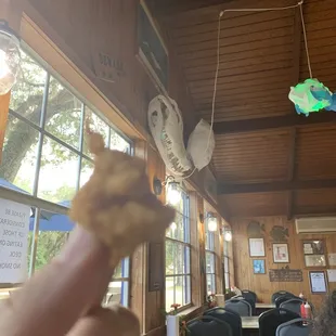 a hand holding a piece of food